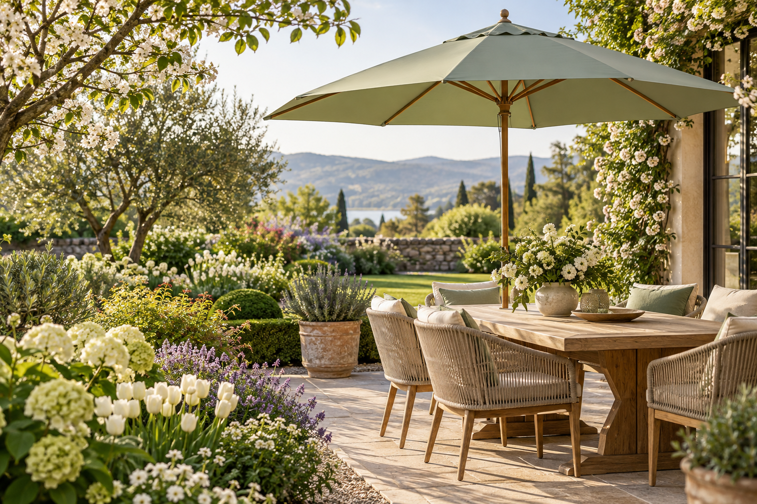Start in den Frühling mit Blütenmeer und Sonnenschirm