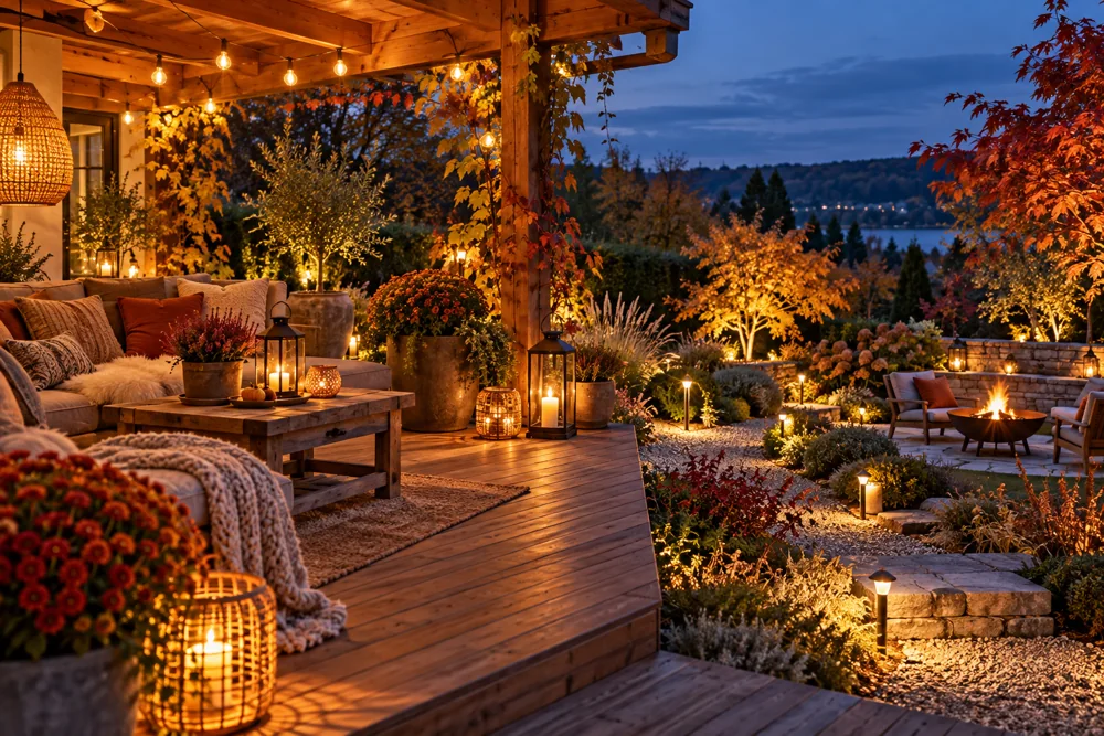 Stimmungsvoll gestaltete Terrasse im herbstlichen Garten